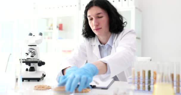 초점을 사람은 실험실 밀알을 페트리 접시를 과학자들은 현미경의 동작으로 검사할 — 비디오