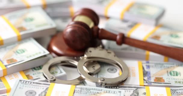 Wooden Gavel Judge Sound Block Handcuffs Put Counted Stacks Dollars — Stock Video