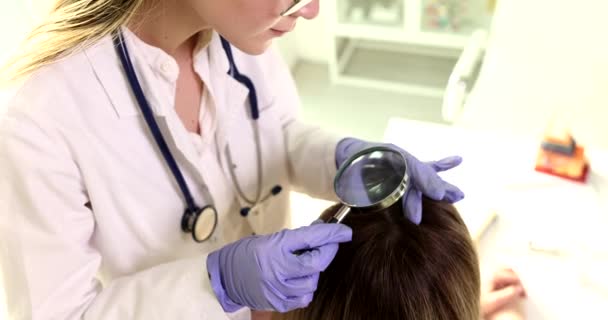 集束皮膚科医は拡大鏡を通して患者の頭皮を見る 専門家は 女性の遅い動きの脱毛の理由を見つけようとします — ストック動画