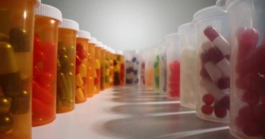 Değişik kapsüllerden oluşan plastik temiz şişeler beyaz masaya uzun sıralar koyulmuş ve koyu gölgeler bırakılmış. Sağlık ve vücut için bol miktarda besin takviyesi