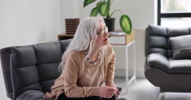 Upset Mature Woman Suffering Back Pain Unhappy Elderly Getting Sofa — Stock Video