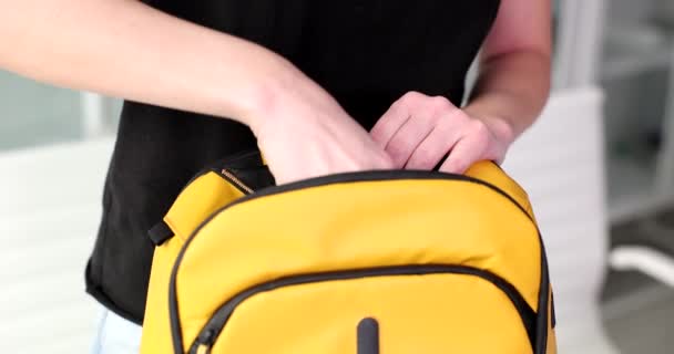 Woman Hand Takes Out Alarm Clock Backpack Travel Adventure Time — Stock Video