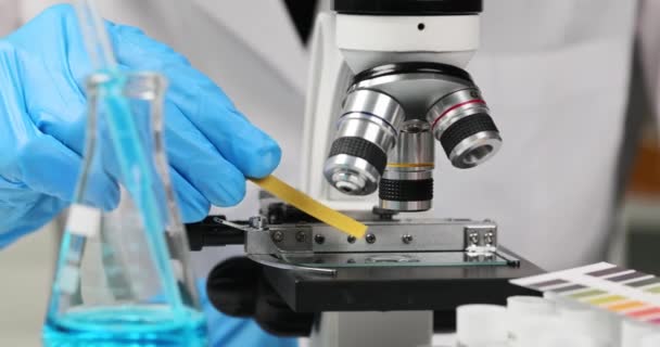 Forskaren Doppar Testremsan Toxisk Vätska Mikroskop Arbete Med Kemikalier Kemilabb — Stockvideo