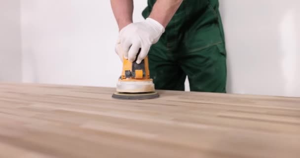 Sanding Using Wood Finishing Polisher Closeup Woodworking Wood Processing Methods — Stock Video