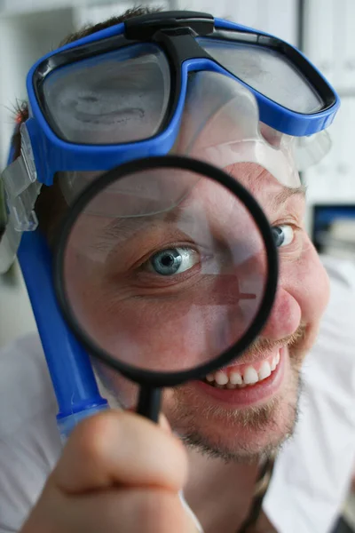 Portrait Happy Smiling Manager Swimming Goggles Looks Magnifying Glass Search — Stock Photo, Image