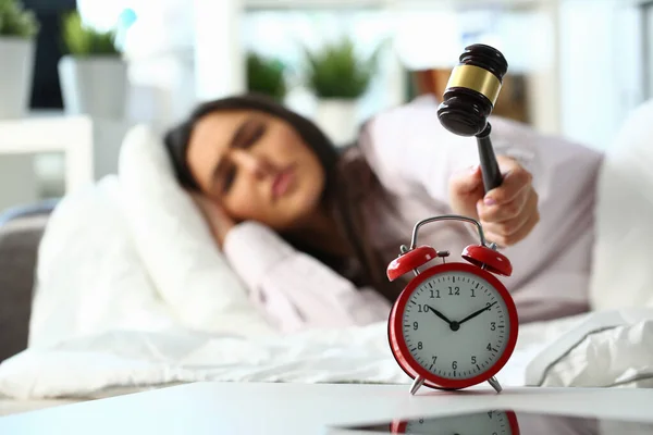 Young Woman Tries Smash Alarm Clock Wooden Mallet Destroy Clock — Stock Photo, Image