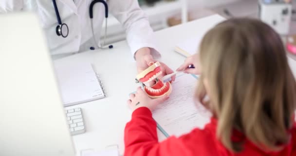 Küçük Bir Kız Dişlerini Anatomik Çene Ile Fırçalıyor Yakın Plan — Stok video