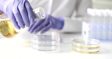 Laboratuvardaki kimyager cam şişeye sarı sıvı boşaltıyor, elleri yakın çekim. Kalite kontrolü, yağ analizi.