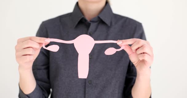 一个女人拿着一个女性生殖系统的纸模型 一个特写 学校的解剖学课 — 图库视频影像