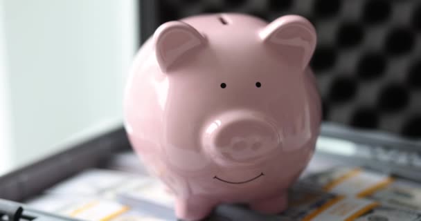 粉红储蓄罐在一个装有钱的打开的手提箱里 一个特写镜头 银行累积账户概念 慢动作 — 图库视频影像