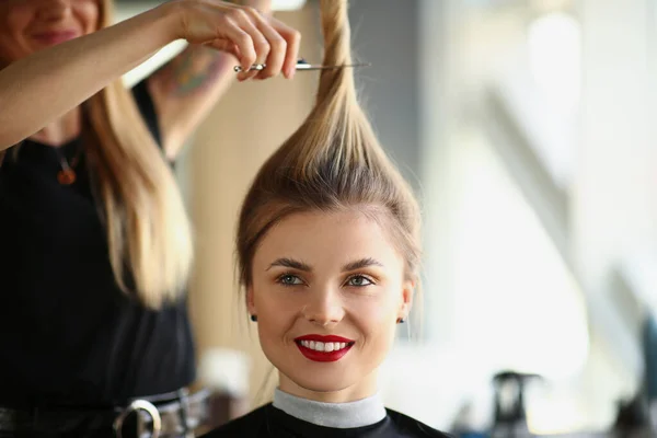 Hairdresser Hands Cut Blonde Tail Closeup Woman Hairdresser Cutting Long — Stock Photo, Image