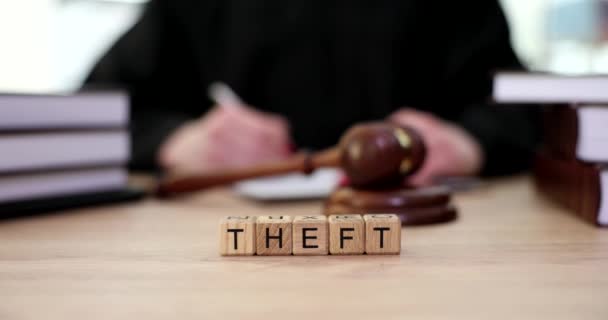 Word Theft Wooden Cubes Judge Table Gavel Closeup Movie Slow — Stock Video