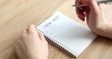Günlüğe ne yazacağını düşünen bir kadın. Yeni bir başlangıç listesi. 4K yakın çekim filmi. Yeni hedefler ve hedefler kavramı planlanıyor