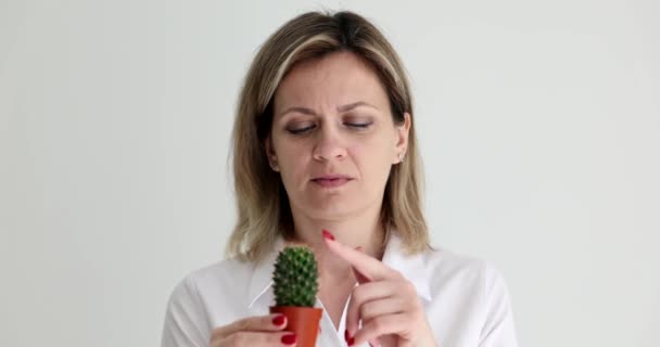 Femme Piquant Son Doigt Sur Cactus Pot Film Ralenti Concept — Video