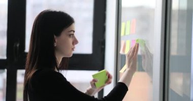 Kadın yönetici ya da akıl hocası ofiste camlara renkli çıkartmalar yapıştırıyor. Gündemi hatırlat ve yeni fikirleri kaydet