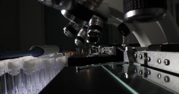 Apparecchiature Laboratorio Studio Dei Virus Batterici Microscopio Scientifico Professionale Boccette — Video Stock