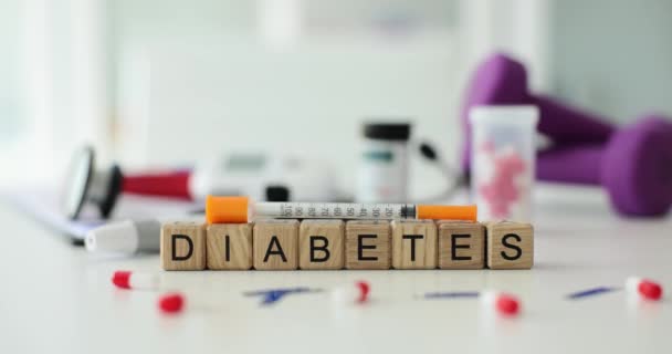 Palavra Diabetes Com Insulina Seringa Lancet Comprimidos Tratamento Eficaz Para — Vídeo de Stock