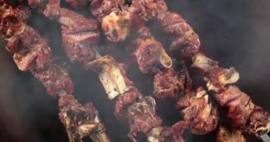 Doğada ızgara kaburga eti. Piknik konseptinde barbekü yapmak