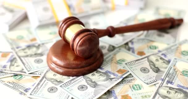 Judge Gavel Background Dollar Bills Closeup Judgments Concept Business Financial — Stock Video