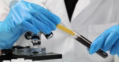 Laboratuvarda tıbbi aletle tüp içinde asit seviyesini test eden eldivenli bir kimyager. Aygıtın ucu rengi mor yavaş çekime çevirir