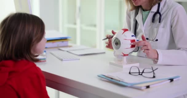 Ärztin Erklärt Patientin Augenstruktur Auf Plastikmodell Klinik Büro Mädchen Hört — Stockvideo