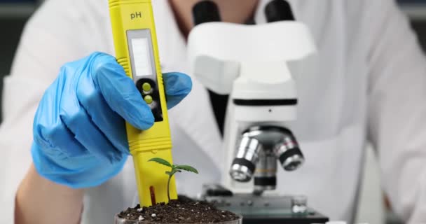 化学家用专业的Ph计装置测定土壤的酸度状态 身着工作服的妇女在实验室慢动作中为医疗目的种植药物 — 图库视频影像