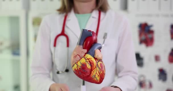 医学分野の専門家は 人間の心臓の人工モデルを示しています 光科教室におけるヒト臓器の詳細構造スローモーション — ストック動画