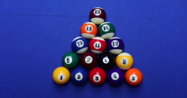 多色台球 数字呈三角形排列 在蓝色桌子上按升序排列 在俱乐部打台球作为业余爱好和娱乐活动 — 图库视频影像