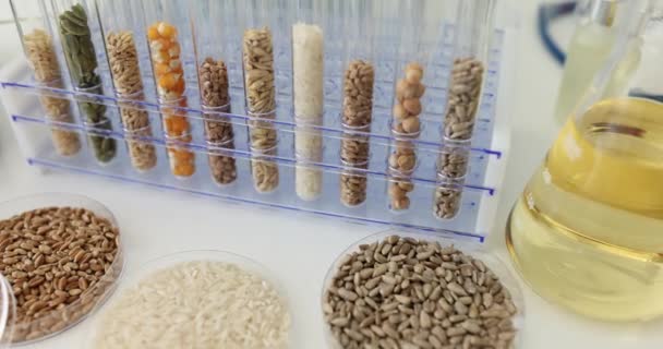 Δείγματα Τροφίμων Δοκιμαστικούς Σωλήνες Και Τρυβλίο Petri Εργαστήριο Και Φιάλη — Αρχείο Βίντεο
