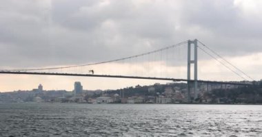 Şehirdeki geniş nehir boyunca hareket eden otomobilleri olan büyük, modern bir köprü. Martı yağmurdan önceki bulutlu yaz gününde dalgalı suyun yüzeyinde uçar.
