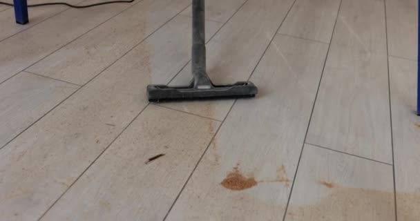 Person Collects Sawdust Laminate Floor Vacuum Cleaner Worker Cleans Apartment — Stock Video