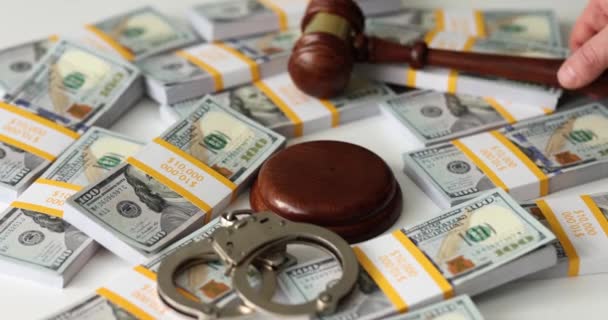 Judge Knocks Wooden Gavel Slow Motion Handcuff Packs Dollar Bills — Stock Video