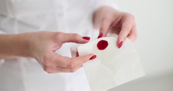 Woman Hands Hold Napkin Red Blood Closeup Early Periods Causes — Stock Video