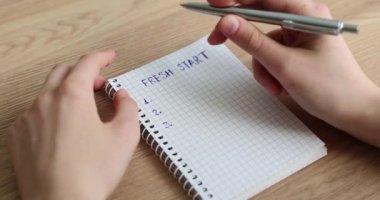 Öğrenci gergin ve günlüğe yeni bir başlangıç listesi yazmayı düşünüyor. Gelecek planlama motivasyonu ve hedefleri