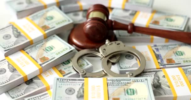 Menottes Billets Banque Juge Marteau Concept Criminalité Économique Concept Fraude — Video