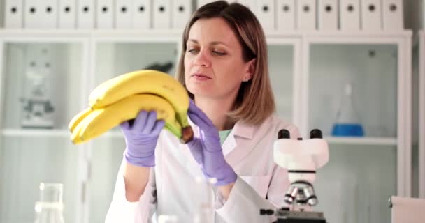 Επιστήμονας Στο Εργαστήριο Μελετά Τις Μπανάνες Από Κοντά Πιστοποίηση Και — Αρχείο Βίντεο