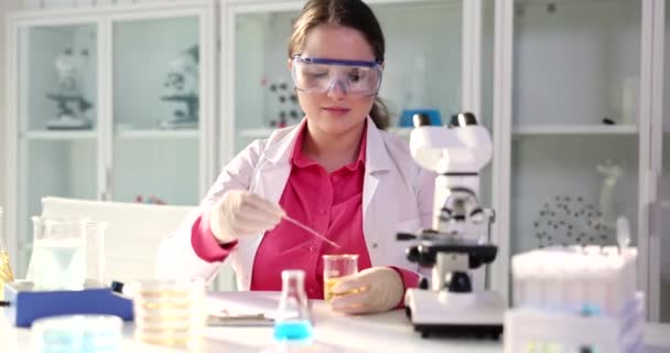 Laboratory Assistant Checks Results Patient Urine Test Specialist Gloves Sits — Stock Video