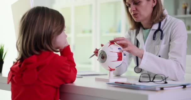 Lekarz Okulista Pokazuje Anatomię Oka Dziewczyny Dziecka Zaburzenia Widzenia Dzieci — Wideo stockowe