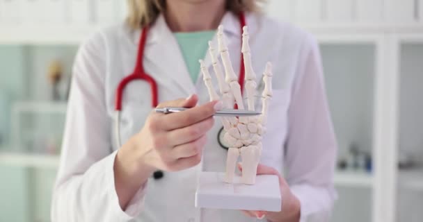 医師は手の手のスケルトンの手のモデルで保持しています 骨格骨検査 関節炎検査医療 — ストック動画