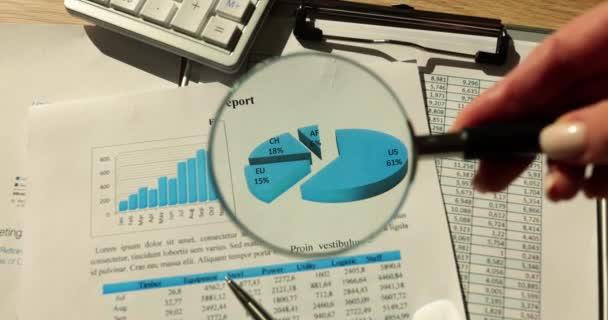 Lupa Zaměřením Diagram Analytickou Zprávu Statistiky Prodeje Cílené Cílové Skupiny — Stock video