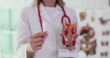 Jinekolog, klinikte tampon ve kadın üreme organları tutuyor. Dönem için hijyenik malzemeler. Eğitici materyaller yavaş çekim