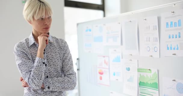 女性マネージャーは現代オフィスのホワイトボード上の図を見て考えています 思考の女性の人はビジネス戦略を構築します 商業計画スローモーション — ストック動画
