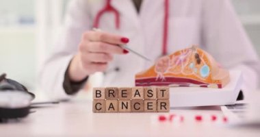 Göğüs kanseri kelimesi ahşap küplerden yapılmış doktorlara karşı etkilenmiş göğüs modelinin kalemini işaret ediyor. Kadın klinikteki kadın hastalıklarını yavaş çekimde açıklıyor