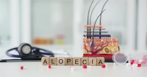 Word Alopecia Made Wooden Cubes Realistic Model Human Skin Section — Stock Video