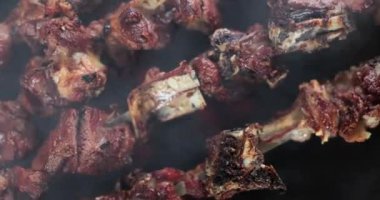 Duman saçan şişler üzerinde taze et ve sebzeler. Lezzetli geleneksel shashlik kırsalda akşam yemeği için sıcak Brezilya 'da hazırlandı.
