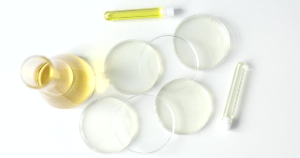 空のガラスPetri皿は実験室のオフィスの白い背景のテーブルの上に立つ 科学研究のためのプロのガラス製品スローモーション — ストック動画