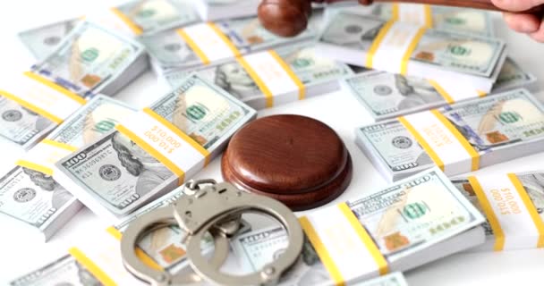 Judge Knocks Wooden Gavel Surrounded Packs Money Cash Handcuffs Judgement — Stock Video