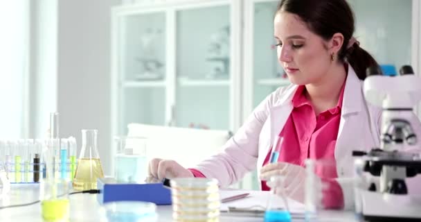 年轻的化学家学员在玻璃容器中进行液体涡旋实验 并安装了特殊装置 女性在工作场所的光速实验室慢动作 — 图库视频影像