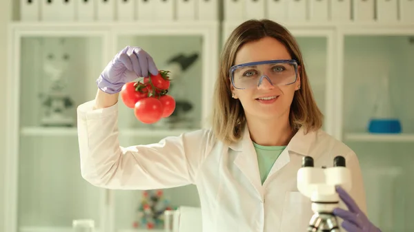 Chemiker Schutzbrille Mit Tomatenzweig Der Hand Chemielabor Konzept Der Gentechnisch — Stockfoto