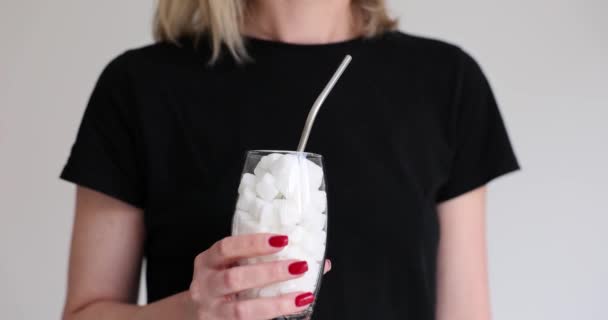 Woman Holding Glass Sugar Concept Junk Food Concept World Diabetes — Stock Video